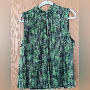 WHBM sleeveless mock neck blouse, XL, green and black